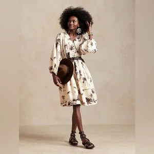 Banana Republic 100% Linen Landscape SafariPrint Mini Balloon Sleeve Dress L NWT - Picture 1 of 2