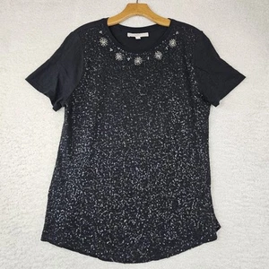 Camiseta Top Loft Lentejuelas Para Mujer Grande Negra Adornos de Cuentas Fiesta Fecha Noche - Imagen 1 de 12