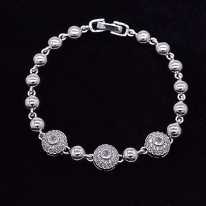 18K White Gold Filled Women Fashion Clear Topaz Round Charm Bracelet - Picture 1 of 4