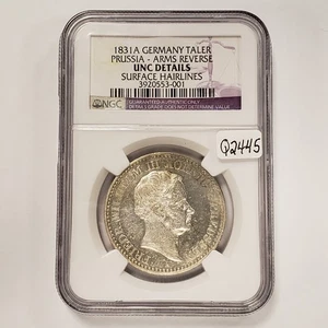 1831-A Taler German States Prussia Arms Rev ASW .537 oz - NGC UNC Dets - Q2445 - Picture 1 of 6