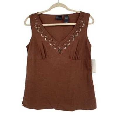 Новый с Ярлыками AXCESS женщин коричневый V шеи украшенный льняной верхний размер 8 - Изображение 1 из 4