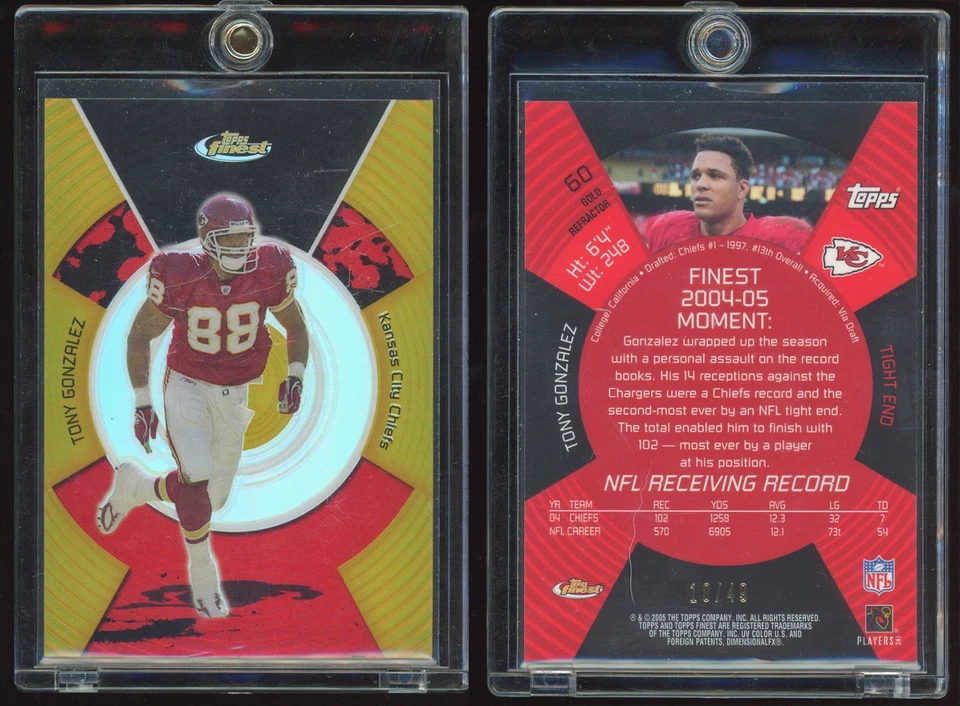 Tony Gonzalez 2005 Topps Finest Gold 10/49 SP переливающаяся карточка - Изображение 1 из 1