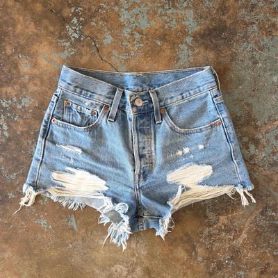 Levis 501 Jean Shorts Size 24 Distressed Denim Button Fly Shorty Cut Offs Womens - Image 1 of 4