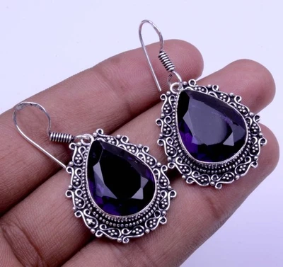 Blue Amethyst quartz Gemstone Silver Plated Dangle Earring Size 1.5 To 2 p477 - Image 1 of 4