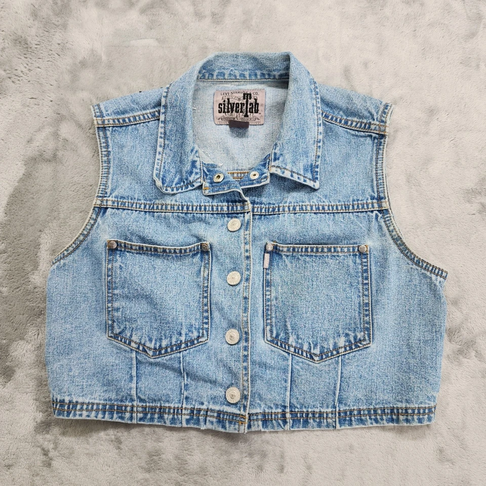 Colete Feminino Vintage Anos 90 Levi's Prata Aba M Azul Bordado Abelha Sem Mangas Crop - Imagem 1 de 4