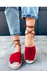 Ladies Ankle Strap Flat Sandals, Woman Red Sandals Flat Peep toe Espadrilles