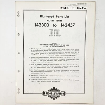 Vintage 1973 Briggs & Stratton 142300-142457 Illustrated Parts List - Image 1 of 2