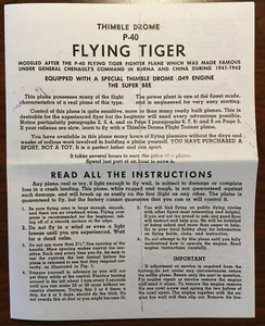COX THIMBLE DROME .049 P-40 FLYING TIGER AIRPLANE MANUAL ENGINE INSTRUCTIONS - Picture 1 of 1