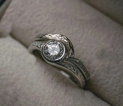 1.10CT White Round Cut CZ Women Best Wedding Matching Bridal 925 Silver Ring Set - Image 1 of 4