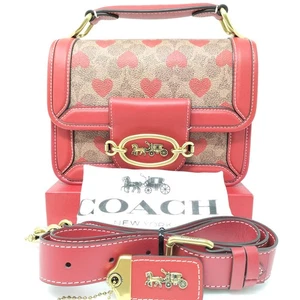 COACH Hero Shoulder Bag In Signature Canvas With Heart Print Tan Red CF125 - Picture 1 of 14
