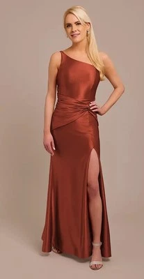 Vestido feminino Galina Signature 10 cinza cetim um ombro coxa dividida FormalMaxi - Imagem 1 de 4