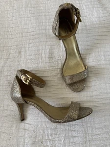 Michael Kors Womens 6 Gold Glitter Sandal Leather Strappy 3" Heels Logo Clasp 9M - Picture 1 of 6