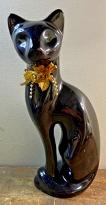 Schwarze Katze Figur - Vintage Porzellan 11 Zoll groß elegant Vintage - grüne Augen - Bild 1 von 7