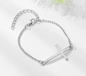 Women Girl Silver Religious Side Cross Chain Hand Bracelet - Picture 1 of 1