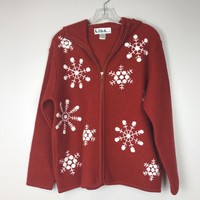 Lisa International Hooded Boiled Wool Jacket Womens Size Medium  Red/snowflakes 