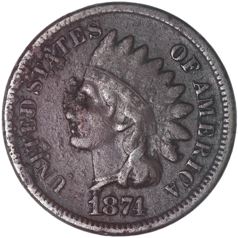1874 (P) Indian Head Cent Penny VG Full Liberty Dark Rough See Pics D943 Cover