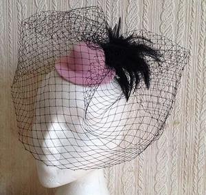 negro velo pluma rosa mini sombrero fascinador sombrerería boda fiesta ascot - Imagen 1 de 3