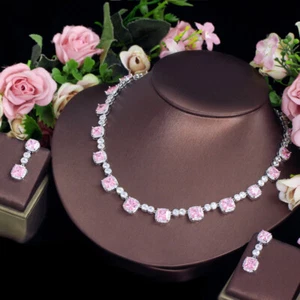 Juego de gotas cuadradas de circonita cúbica enchapadas en plata rosa joyas para disfraz de novia - Imagen 1 de 13