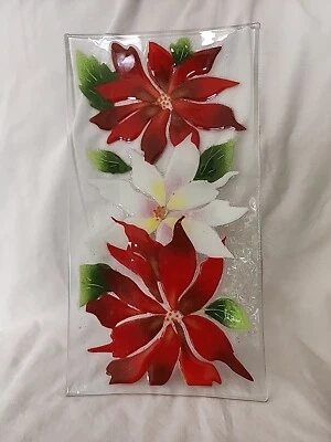 William McGrath Fused Art Glass Serving Tray Poinsettia Christmas Signed Flowers - Image 1 of 4