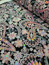 Pink Lace Embroidered Floral Flower Iridescent  Sequin Velvet Fabric By The Yard