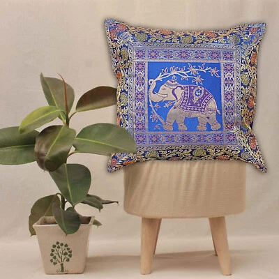 Indian New Pillow Cover Elephant Print Brocade Silk Cushion Cover Home Decor 16" - Image 1 of 4