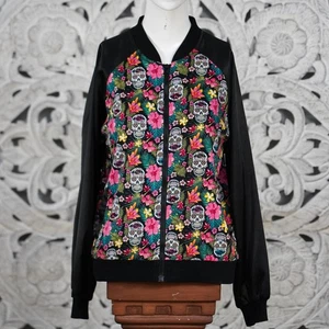 BANNED Skull Floral Bomber Jacket Black Cotton L Gothic Day of the Dead Festival - Picture 1 of 8