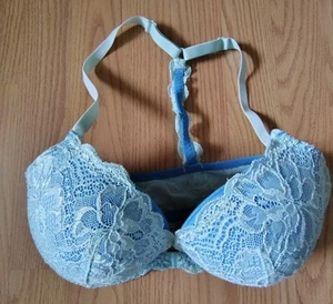 Victoria's Secret 36D Lined Underwire Front Close T-back Semi Demi Blue Lace - Picture 1 of 3
