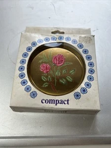 Mascot Gold/Pink Roses Vintage Ladies Powder Compact In Its Original Box - Picture 1 of 9