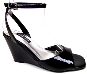 NEW! Nine West Nevr 8 Wedge Ankle Strap Sandals Women's Size 5.0 Black Patent - Picture 1 of 12