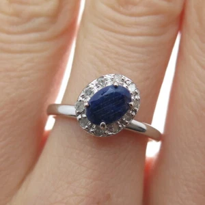 925 Sterling Silver Real Round-Cut Diamond & Oval-Cut Sapphire Ring Size 7.25 - Picture 1 of 9