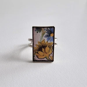 70er Ring Rechteck Sonnenblume gelb Emaille Schmuck Handarbeit Hippie Vintage - Picture 1 of 5