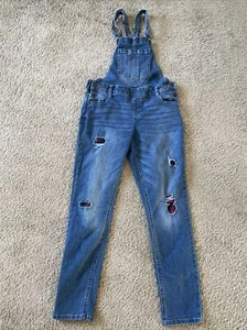 Justice Girls overalls Bibs Blue Denim Sz 16 Youth Distressed Plaid Patched - Picture 1 of 11