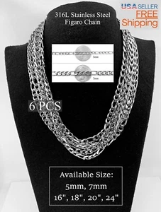 Wholesale Bulk 316L Stainless Steel Figaro Chain 16, 18, 20, 24 inches Necklace - Picture 1 of 10