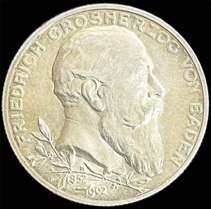 1902 G GERMAN STATES BADEN 2 MARK FREDERICK I IMPERIAL EAGLE COIN KM# 272 - Picture 1 of 2