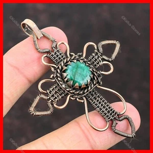 Womens day Deal Copper Zambian Emerald Gemstone Cross And Wire Wrapped Pendant - Picture 1 of 6