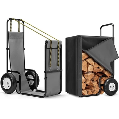 Large Firewood Log Cart Carrier w/ Cover, Rubber Wheels 250lbs Wood Mover Hauler