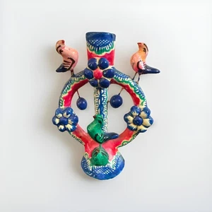 Vintage Mexican Folk Art Pottery Tree Of Life Tiny Candleholder Birds Flowers 3” - Picture 1 of 5