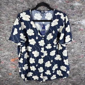 Chaps Shirt Womens 1X Blue White Floral Print Button Up Short Sleeve Viscose Top - Picture 1 of 11