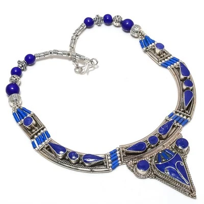 Lapis Lazuli 宝石项链声明藏族手工尼泊尔珠宝 18 英寸 N22 — 第 1/4 张图片