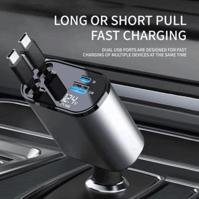 100W 4in1 Retractable Car Charger USB Type-C Cable 12-24V Fast Adapter For Phone - Image 1 of 4