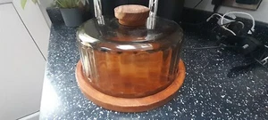 ARCOPAL SMOKED GLASS / WOOD CHEESE / CAKE DOME - RARE - Picture 1 of 6