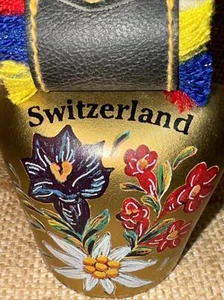 Switzerland Brass COW BELL Hand Painted Floral Design w Pins Signed Tag - Picture 1 of 9