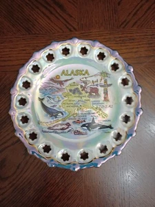 PLATO DE RECUERDO ADORNADO DORADO CELOSÍA ESTADO DE ALASKA AZUL IRIDISCENTE DE COLECCIÓN 7" - Imagen 1 de 8