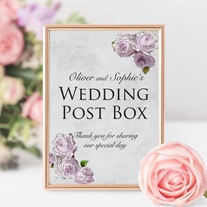 Hochzeitspost Box Schild personalisiert mit Namen, Vintage-Stil lila - Bild 1 von 3