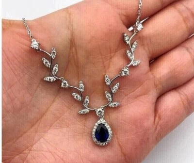 4CT Pear Cut Lab-Created Sapphire Women's 18 in Necklace 14K White Gold Plated - Image 1 of 4