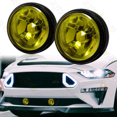 UNIVERSAL 3.5" ROUND CHROME HOUSING YELLOW LENS FOG DRIVING LIGHTS LAMPS+SWITCH - Изображение 1 из 4