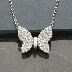 925 Sterling Silver Full CZ Butterfly Necklace Cubic Zirconia 16 - 17 inch Chain - Picture 1 of 4