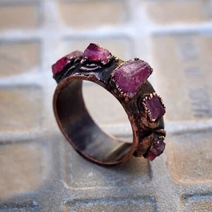Natural Raw Ruby Gemstone Handmade Copper Antique Vintage Statement Women's Ring - Picture 1 of 17