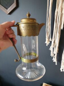 Vintage Glass Claret Jug with Brass Plated Lid and Handle