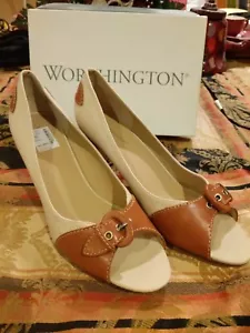 Worthington 10M Ivory/Brown 3" Heel PEEP TOES Pump Shoe.Only $49.99 Free Ship!!! - Picture 1 of 4